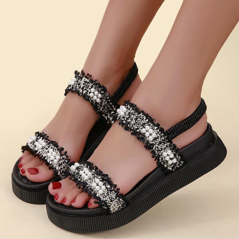 

Faux Pearl Slingback Wedge Sandals, Black