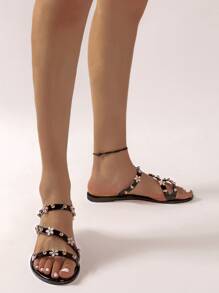 花卉圖案和鉚釘細節涼拖,黑色時尚串珠素色女士拖鞋 - 黑色 - 查看 5