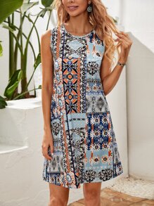 滿版印花直筒洋裝 - 彩色 - 查看 1