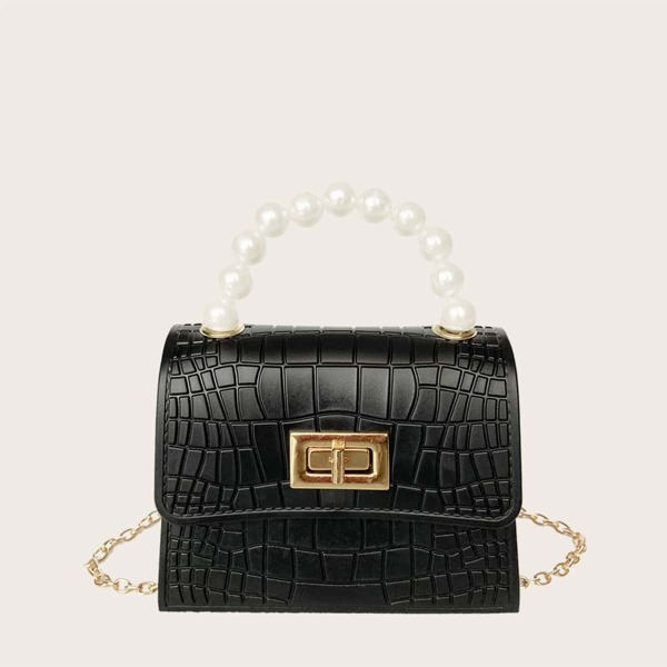 

Girls Faux Pearl Decor Croc Embossed Satchel Bag, Black