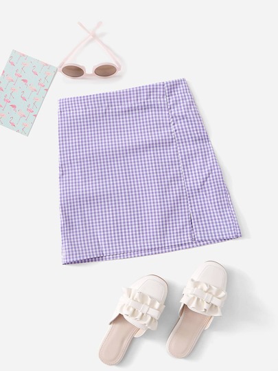 تنورة بحافة مشقوق M بطباعة مربعات للبنات