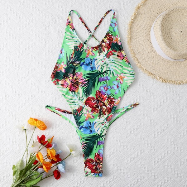

Floral & Tropical Backless One Piece Swimsuit, Multicolor