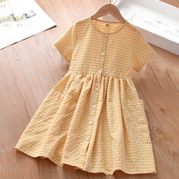 

Girls Gingham Dual Pocket Smock Dress, Yellow