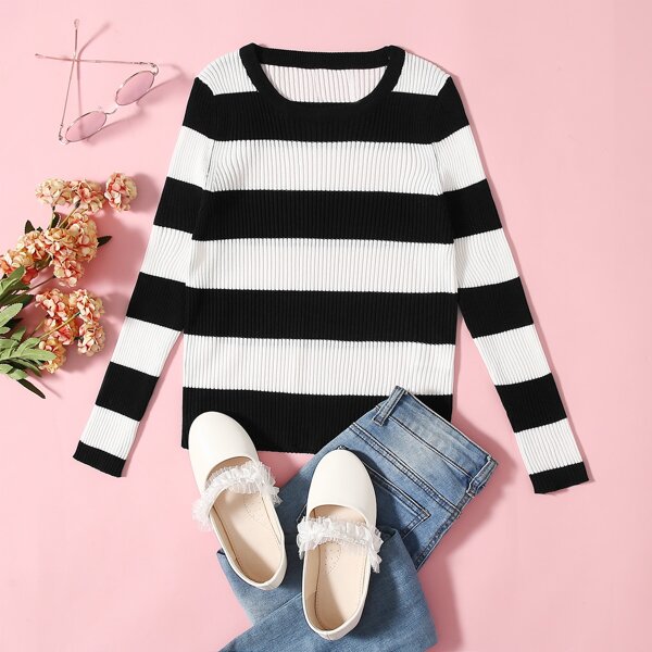 

Girls Stripe Pattern Ribbed Knit Sweater, Black and white