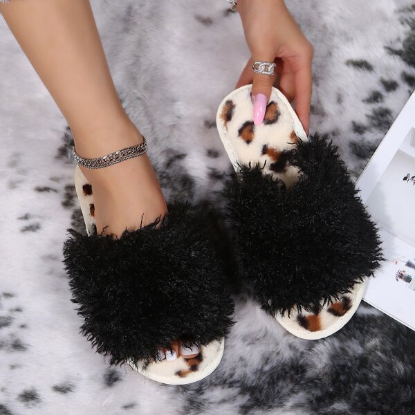 

Leopard Graphic Fluffy Bedroom Slippers, Black