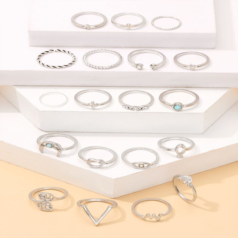 

Leaf & Moon Decor Ring 18pcs, Silver