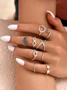 Leaf & Star Decor Ring 9pcs - Silver - View 1