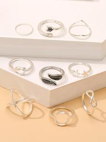 Leaf & Star Decor Ring 9pcs - Silver - View 2