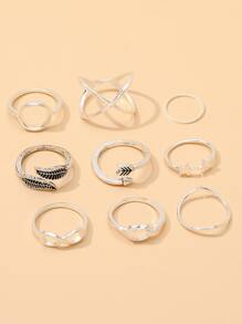 Leaf & Star Decor Ring 9pcs - Silver - View 3