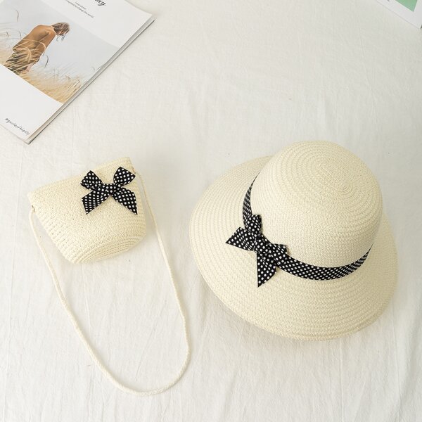 

Girls Bow Decor Straw Hat & Bag, White