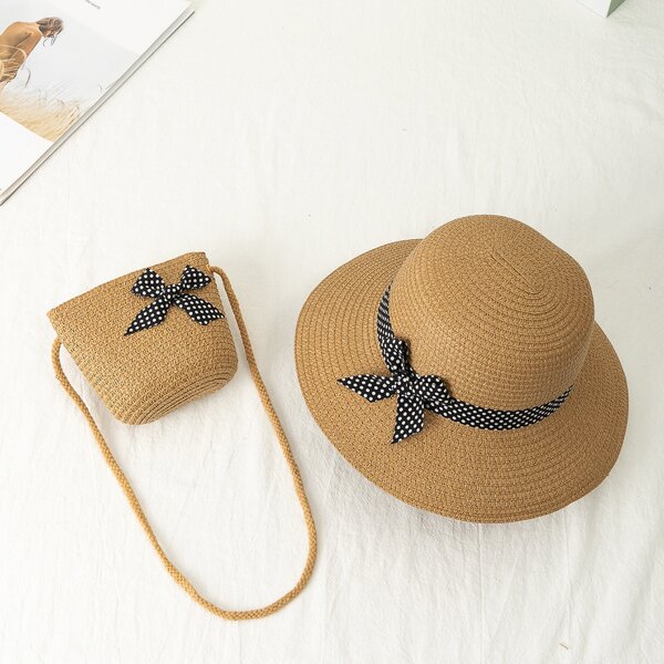 

Girls Bow Decor Straw Crossbody Bag With Hat, Coffee brown