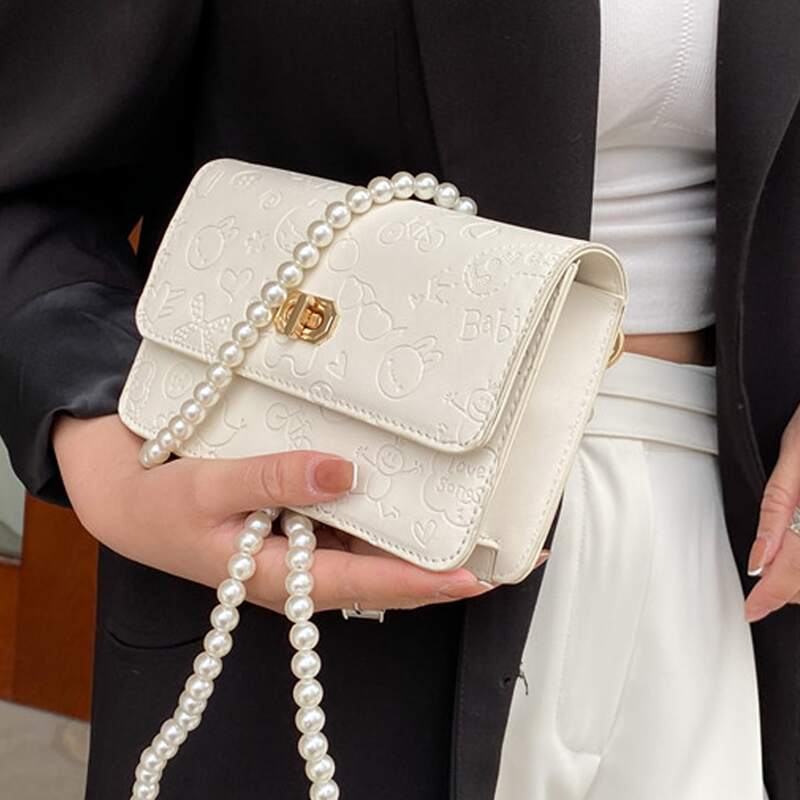 

Faux Pearl Strap Cartoon Embossed Crossbody Bag, White