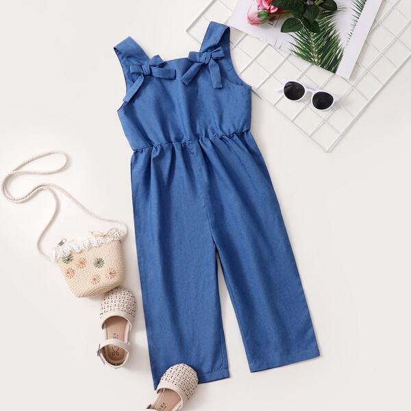 

Toddler Girls Bow Front Denim Overalls, Medium wash