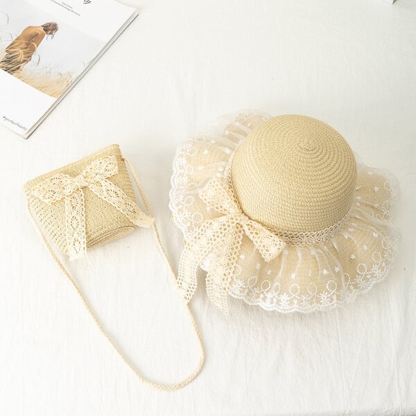 

Girls Contrast Lace Straw Bag With Hat, Beige