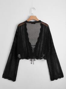 SHEIN LUNE Plus Fishnet Lace Up Cardigan - Black - View 2