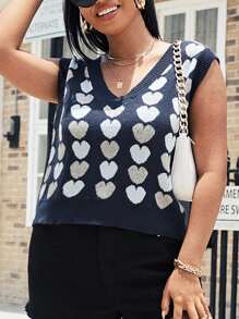 Plus Heart Pattern V-neck Sweater Vest - Multicolor - View 3