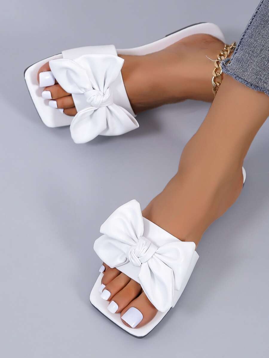 Preppy Outdoors White Flat Slippers For Women, Bow Decor Plain ...
