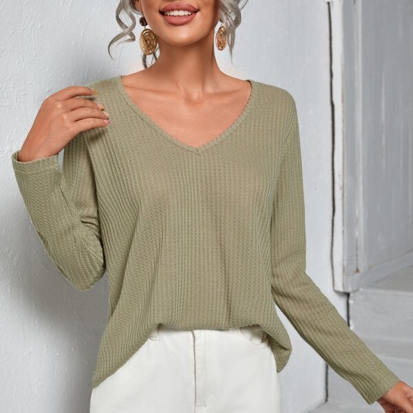 

Solid Waffle Knit V-Neck Tee, Green