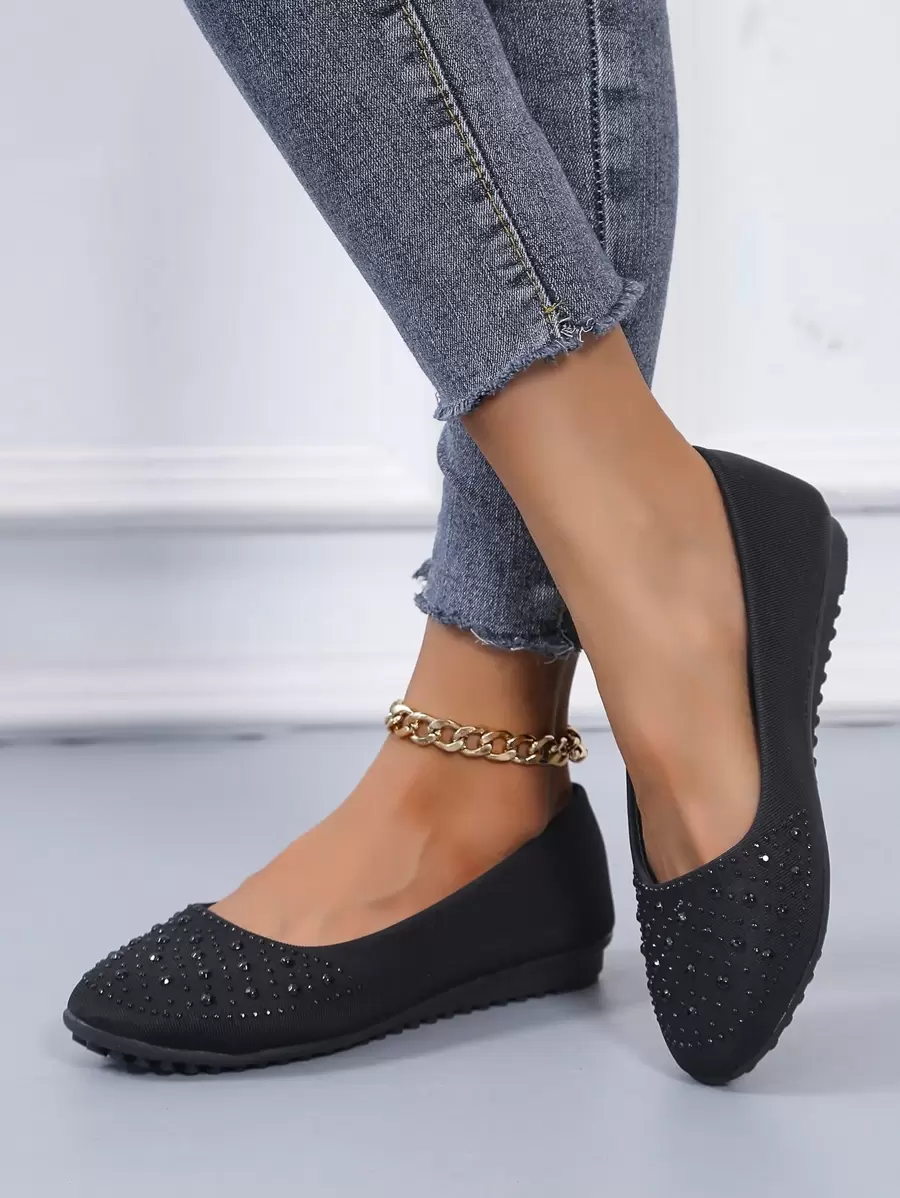 Gemstone Decor Slip On Flats,Women's Large Size Black Ballet Flats With Round Toe And Convenient Slip-On Wear, Comfortable And Suitable For Work - Black - View 1