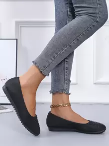 Gemstone Decor Slip On Flats,Women's Large Size Black Ballet Flats With Round Toe And Convenient Slip-On Wear, Comfortable And Suitable For Work - Black - View 2