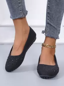 Gemstone Decor Slip On Flats,Women's Large Size Black Ballet Flats With Round Toe And Convenient Slip-On Wear, Comfortable And Suitable For Work - Black - View 4