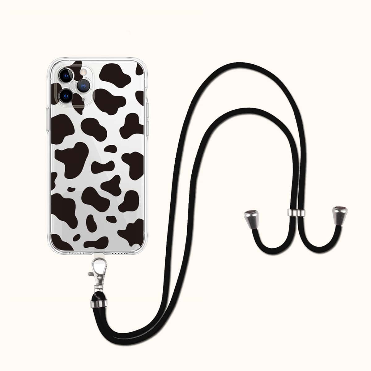 

Cow Pattern Clear Phone Case With Lanyard, Black