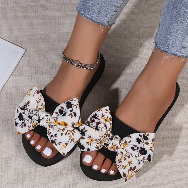 

Bow Decor Floral Pattern Slides, Beige