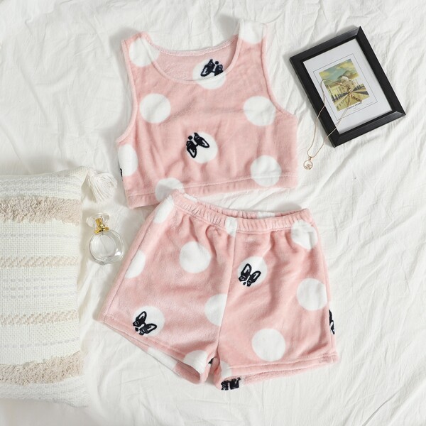 

Dog And Polka Dot Pattern Flannel Tank Top & Shorts PJ Set, Coral pink