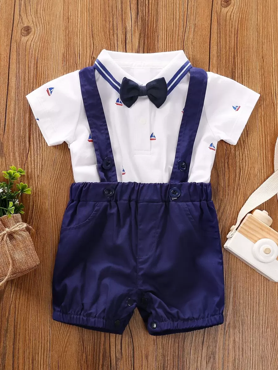 Yierying Baby Boy Sailboat Print Bow Neckline Shirt & Suspender Shorts