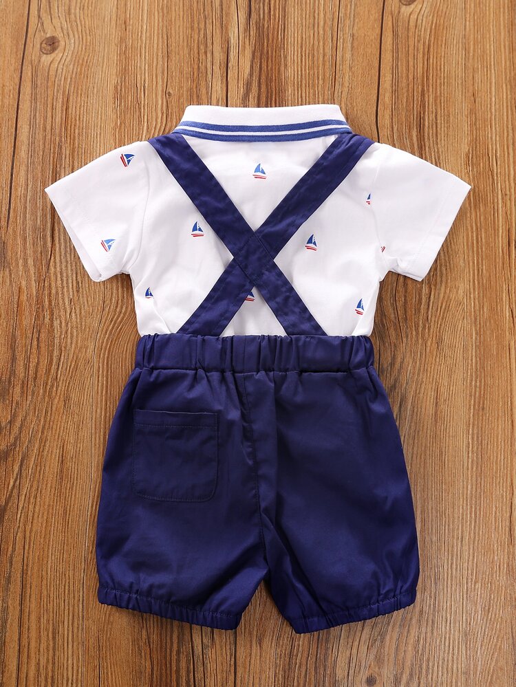Yierying Baby Boy Sailboat Print Bow Neckline Shirt & Suspender Shorts - Multicolor - View 2
