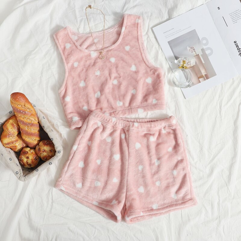 

Heart Pattern Flannel Tank Top & Shorts PJ Set, Baby pink