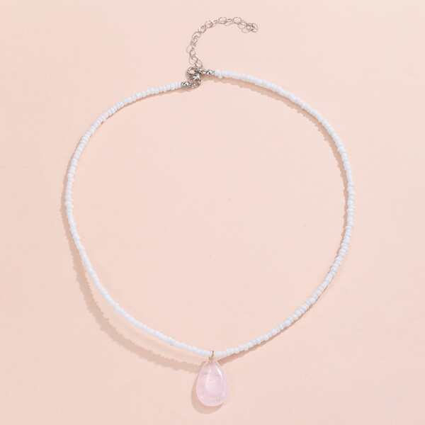 

Water Drop Charm Beaded Necklace, Beige