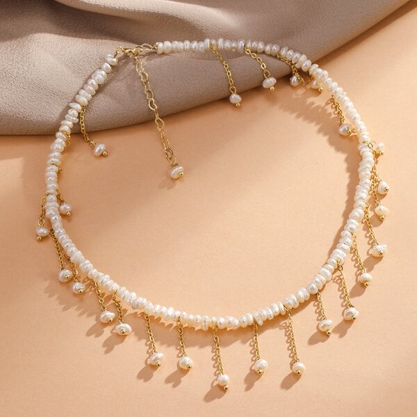 

Natural Pearl Tassel Charm Necklace, White