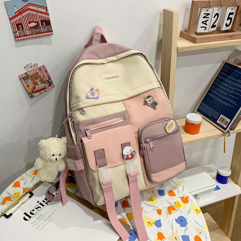 

Buckle Decor Backpack With Cartoon Charm, Pink