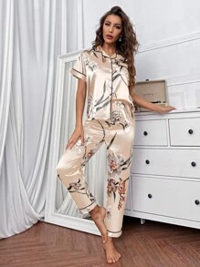 Floral Contrast Binding Satin Night Set - Champagne - View 4