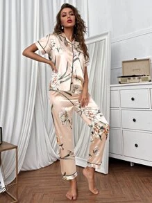 Floral Contrast Binding Satin Night Set - Champagne - View 5