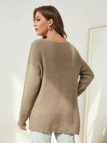 SHEIN Drop Shoulder Split Hem Ribbed Knit Sweater