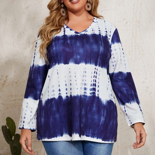 

Plus Tie Dye Print T-Shirt, Blue and white