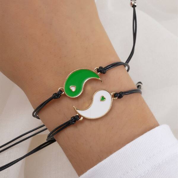 

2pcs Yin & Yang Decor Bracelet, Green