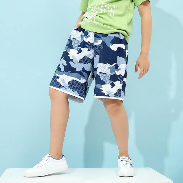 

Boys Camo And Geo Print Slant Pockets Shorts, Blue