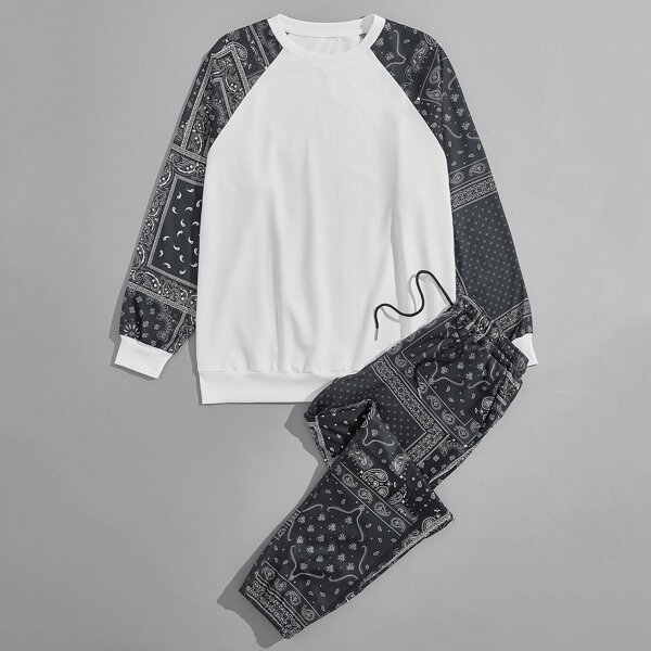 

Men Scarf & Paisley Pullover & Drawstring Carrot Pants, Black and white