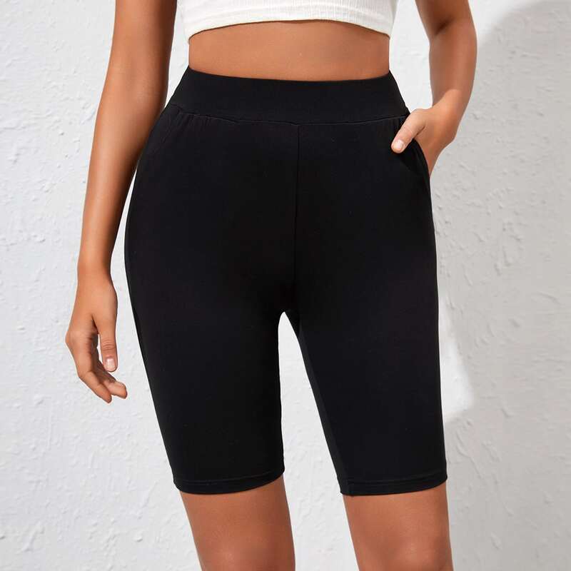 

Solid Slant Pocket Biker Shorts, Black