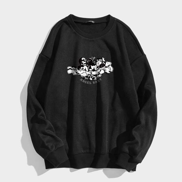 

Angel & Letter Graphic Oversized Thermal Sweatshirt, Black