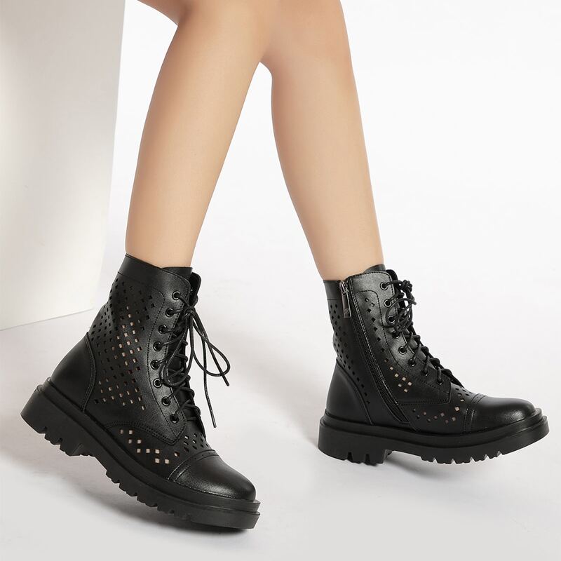 Hollow Out Lace Up Front Boots, Black