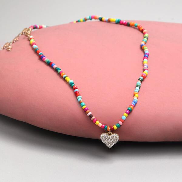 

Heart Charm Beaded Necklace, Multicolor