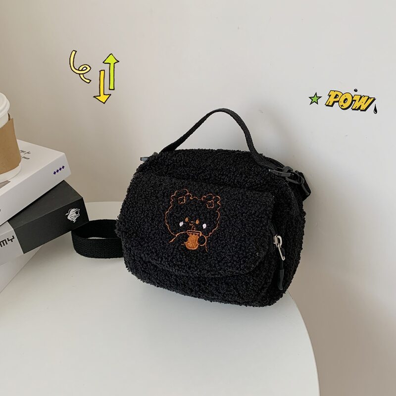 

Cartoon Embroidered Fluffy Satchel Bag, Black
