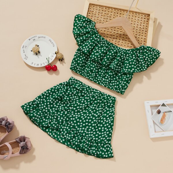 

Toddler Girls Ditsy Floral Bardot Blouse & Skirt, Green