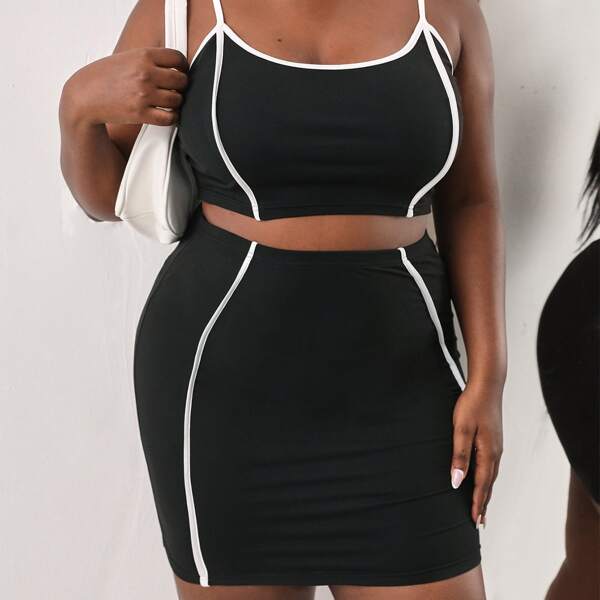 

Plus Contrast Binding Cami Top & Bodycon Skirt, Black