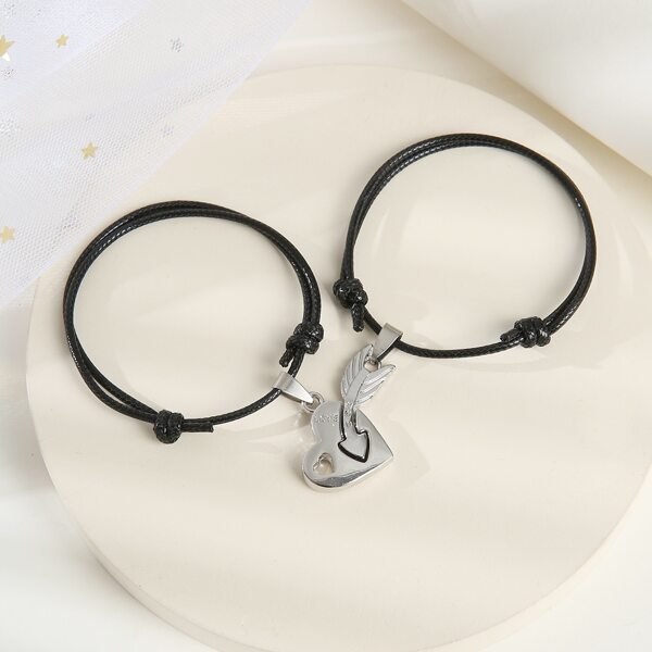 

2pcs Heart Detail Bracelet, Black
