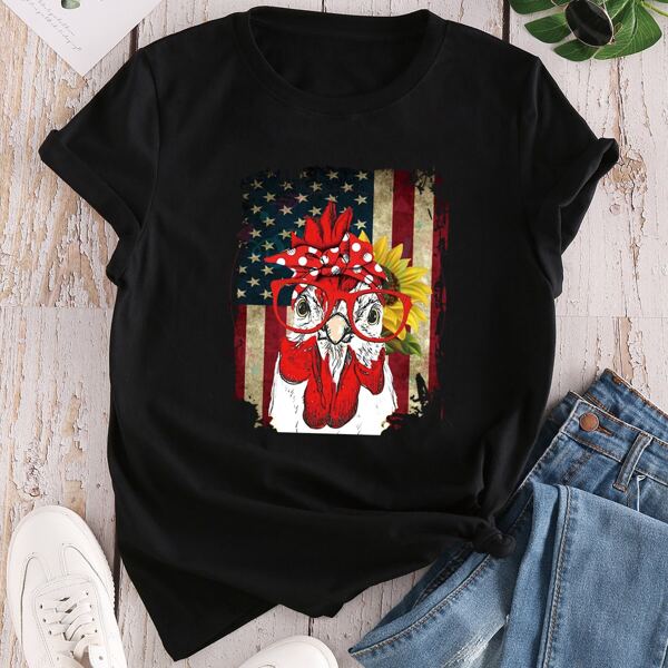 

American Flag Print Drop Shoulder Tee, Black